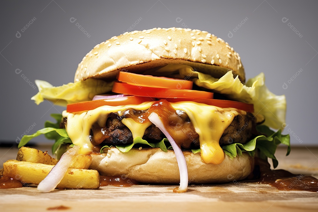 Hambúrguer saboroso de carne com queijo e salada