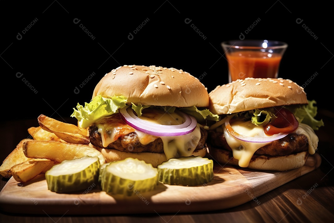 Hambúrguer saboroso de carne com queijo e salada