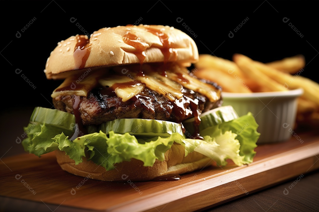 Hambúrguer saboroso de carne com queijo e salada