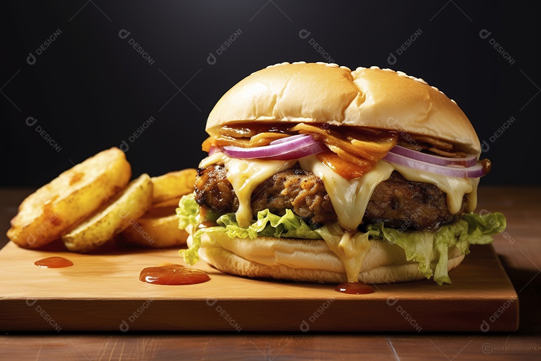 Hambúrguer saboroso de carne com queijo e salada