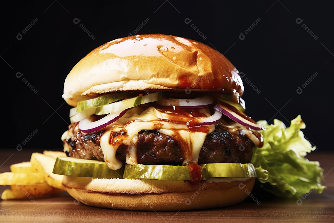 Hambúrguer saboroso de carne com queijo e salada
