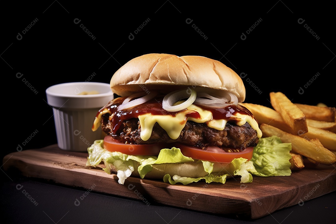 Hambúrguer saboroso de carne com queijo e salada