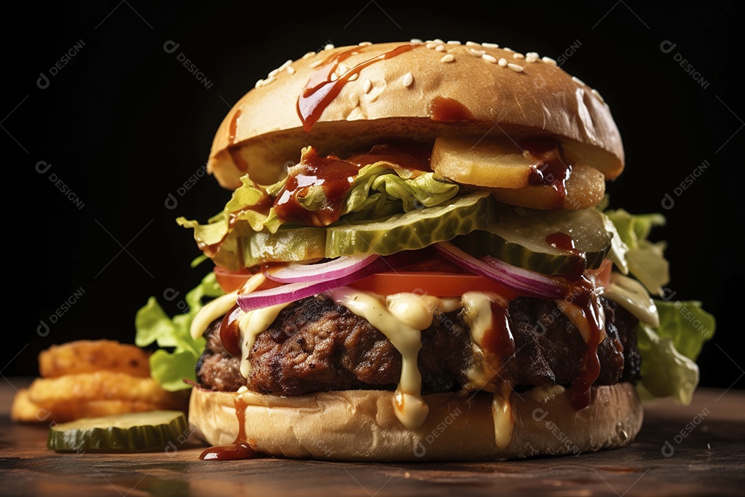 Hambúrguer saboroso de carne com queijo e salada