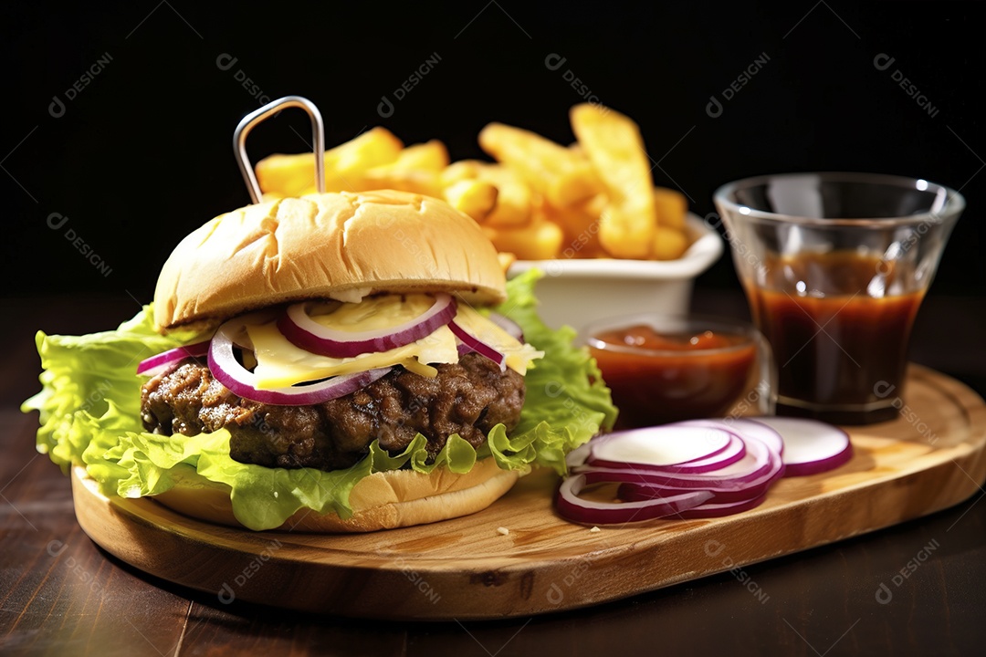 Hambúrguer saboroso de carne com queijo e salada
