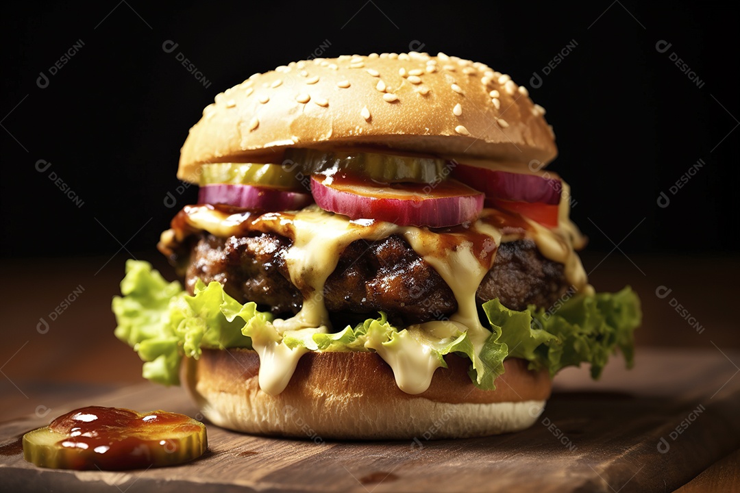 Hambúrguer saboroso de carne com queijo e salada