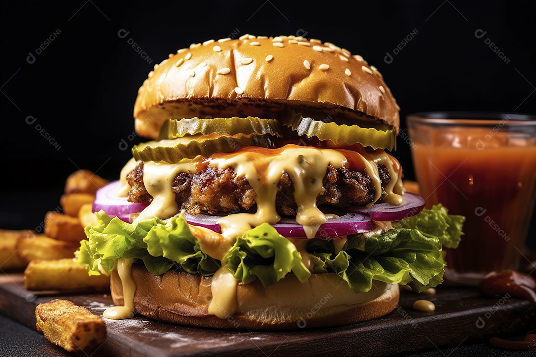 Hambúrguer saboroso de carne com queijo e salada