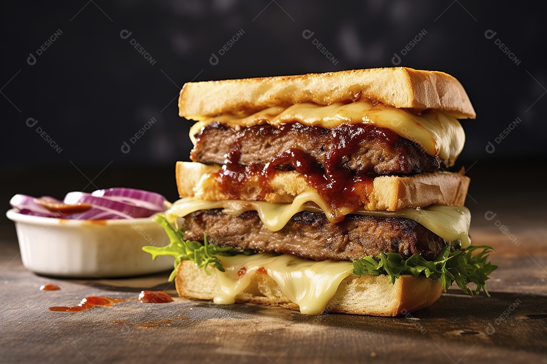 Hambúrguer saboroso de carne com queijo e salada