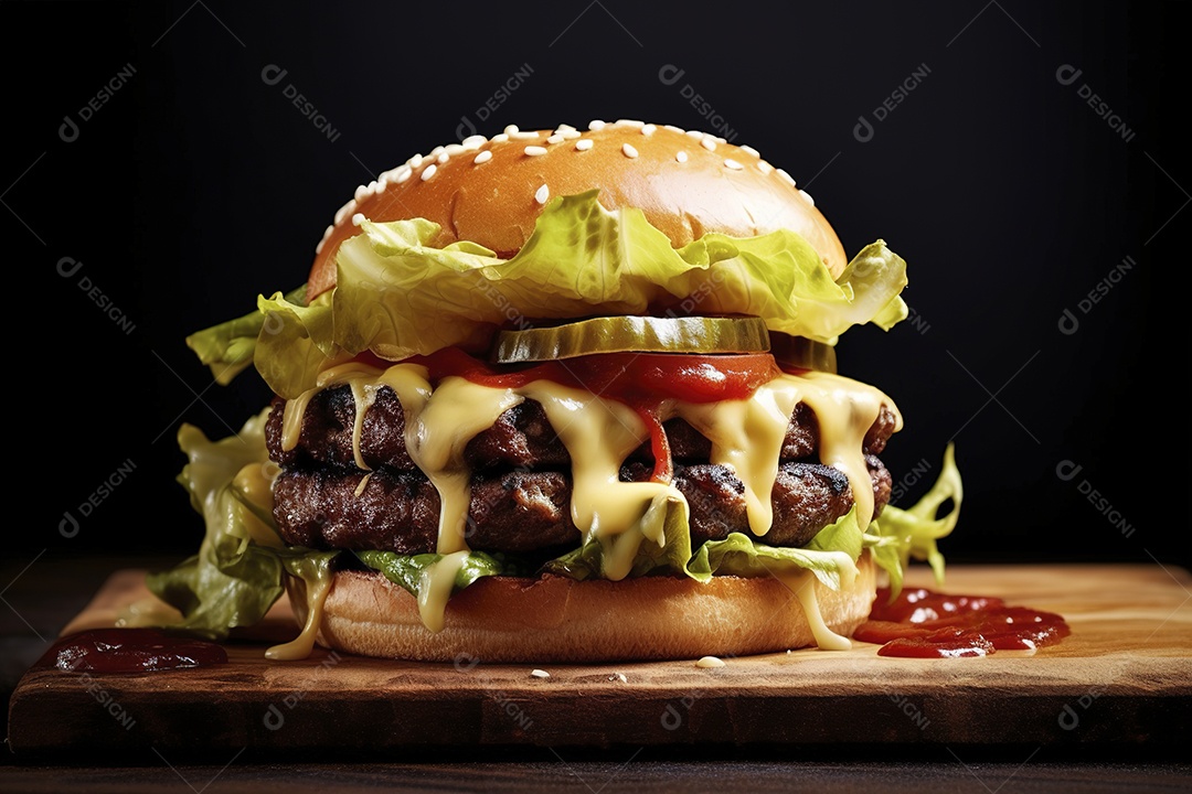 Hambúrguer saboroso de carne com queijo e salada