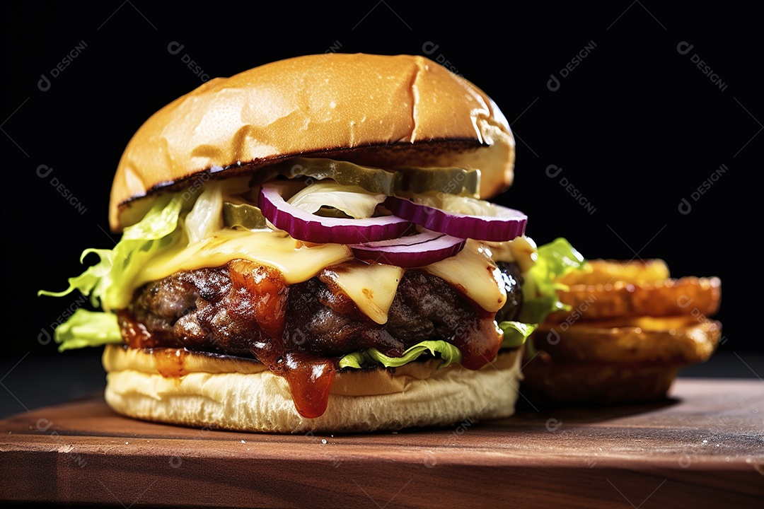 Hambúrguer saboroso de carne com queijo e salada
