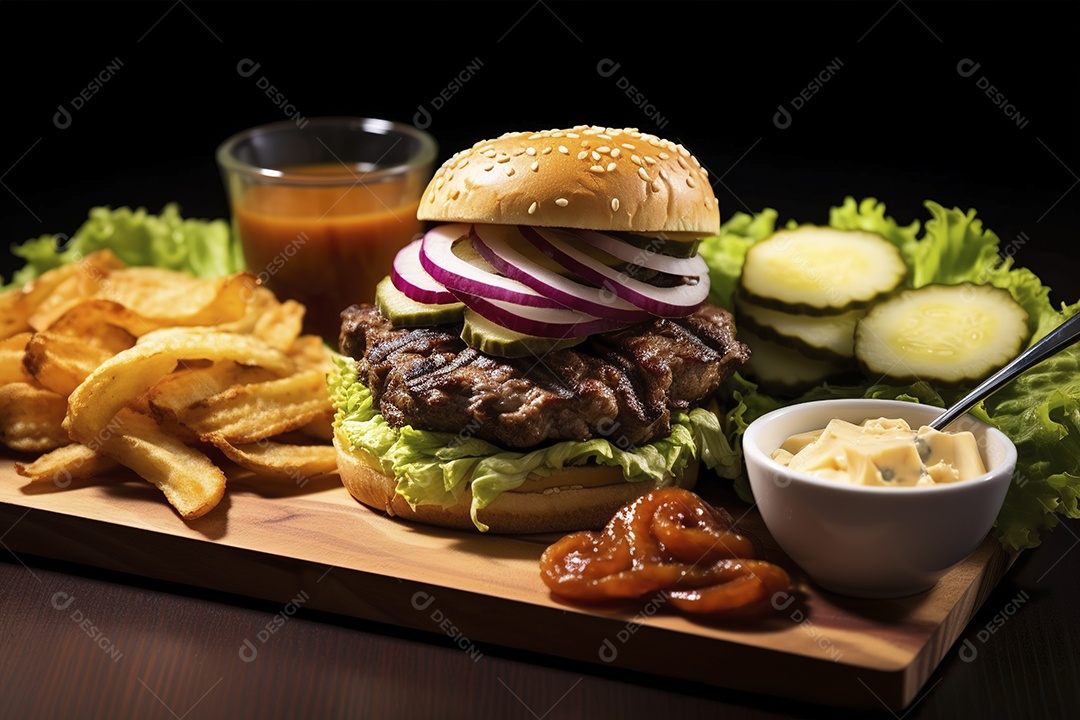 Hambúrguer saboroso de carne com queijo e salada