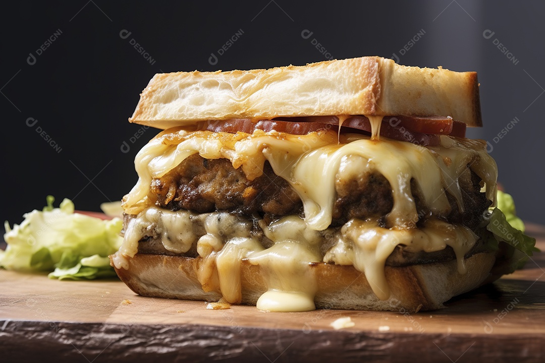 Hambúrguer saboroso de carne com queijo e salada