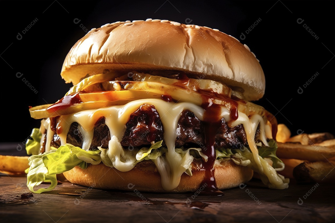 Hambúrguer saboroso de carne com queijo e salada