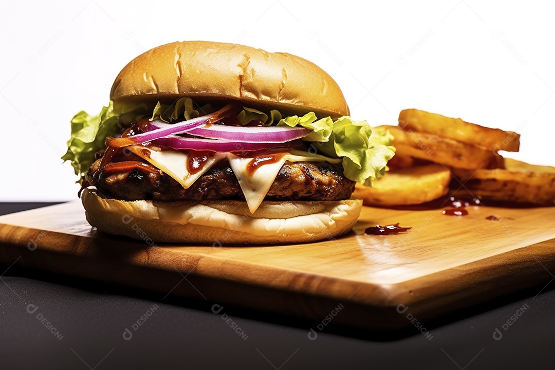 Hambúrguer saboroso de carne com queijo e salada