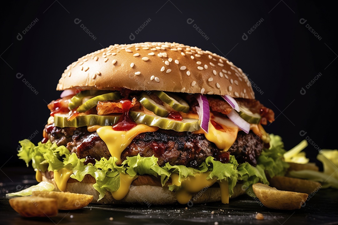 Hambúrguer saboroso de carne com queijo e salada