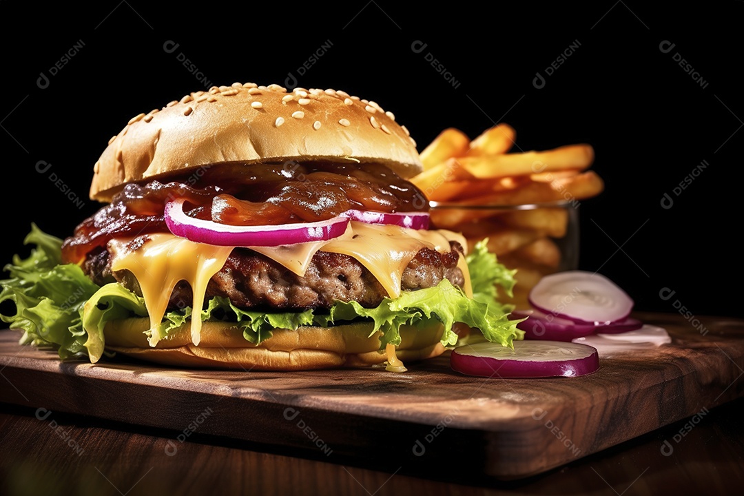 Hambúrguer saboroso de carne com queijo e salada