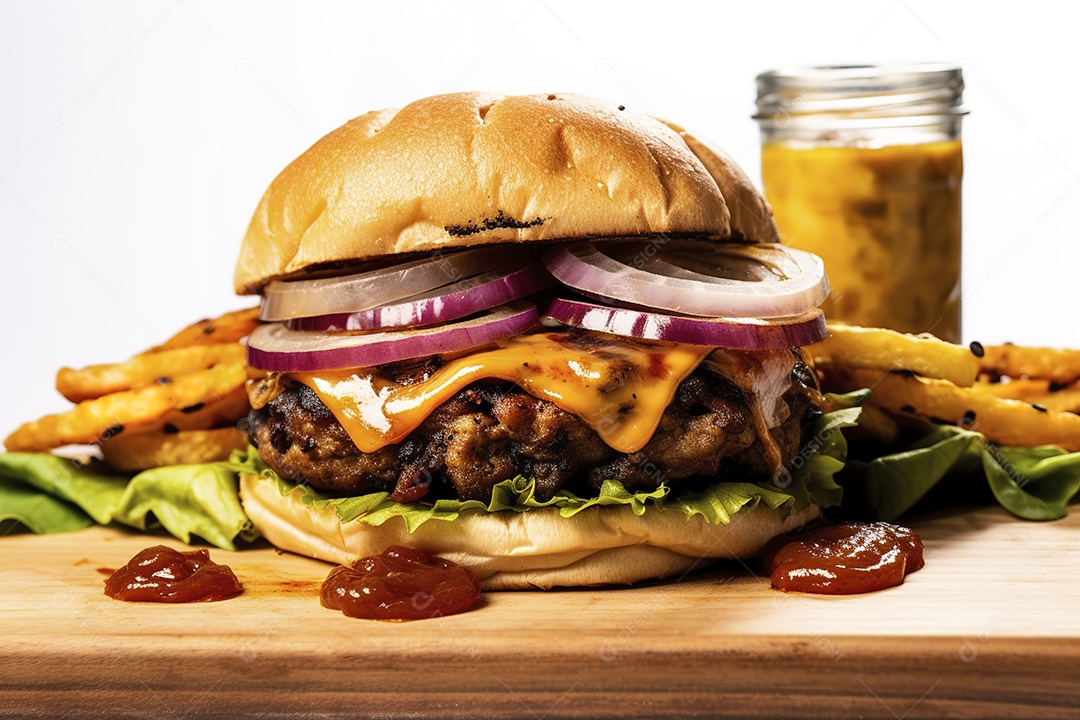 Hambúrguer saboroso de carne com queijo e salada