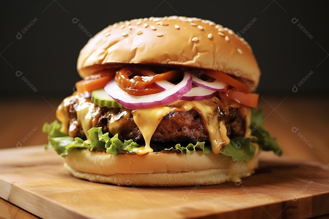 Hambúrguer saboroso de carne com queijo e salada