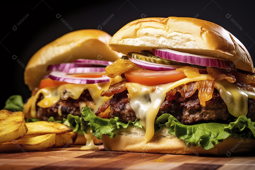 Hambúrguer saboroso de carne com queijo e salada