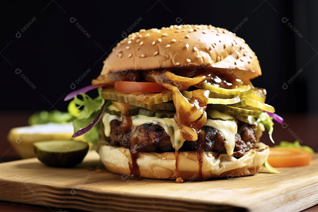 Hambúrguer saboroso de carne com queijo e salada