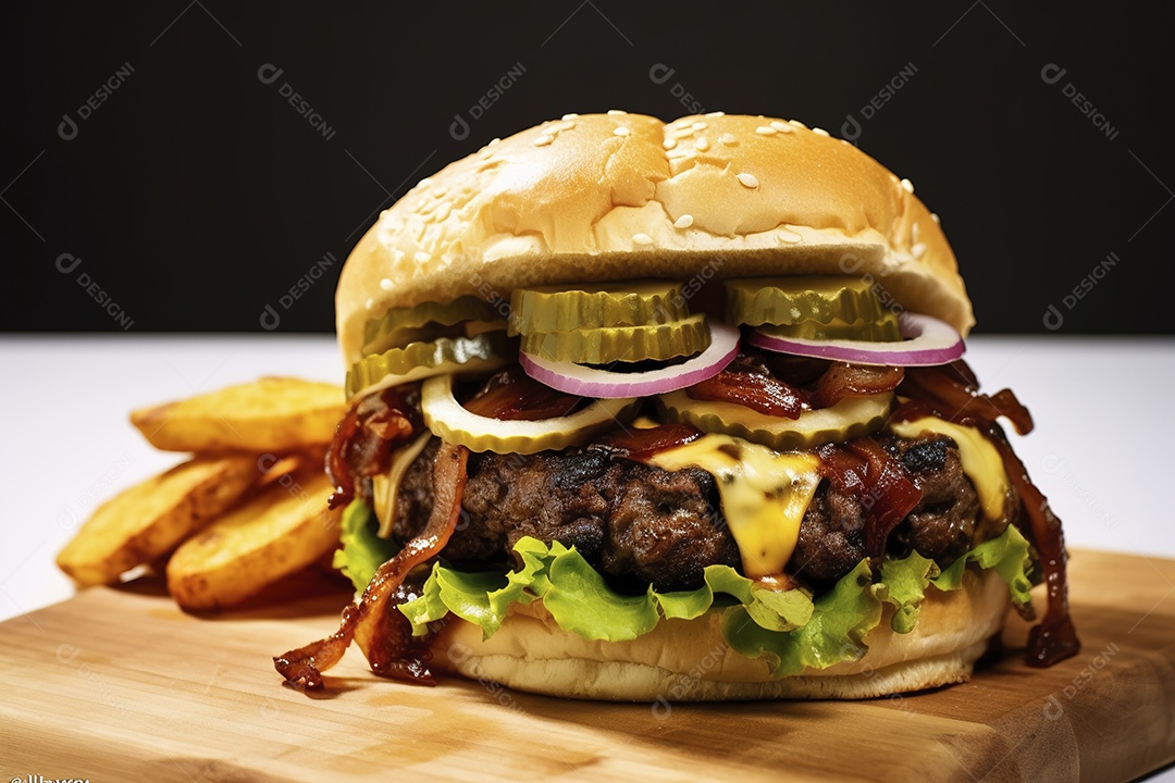 Hambúrguer saboroso de carne com queijo e salada