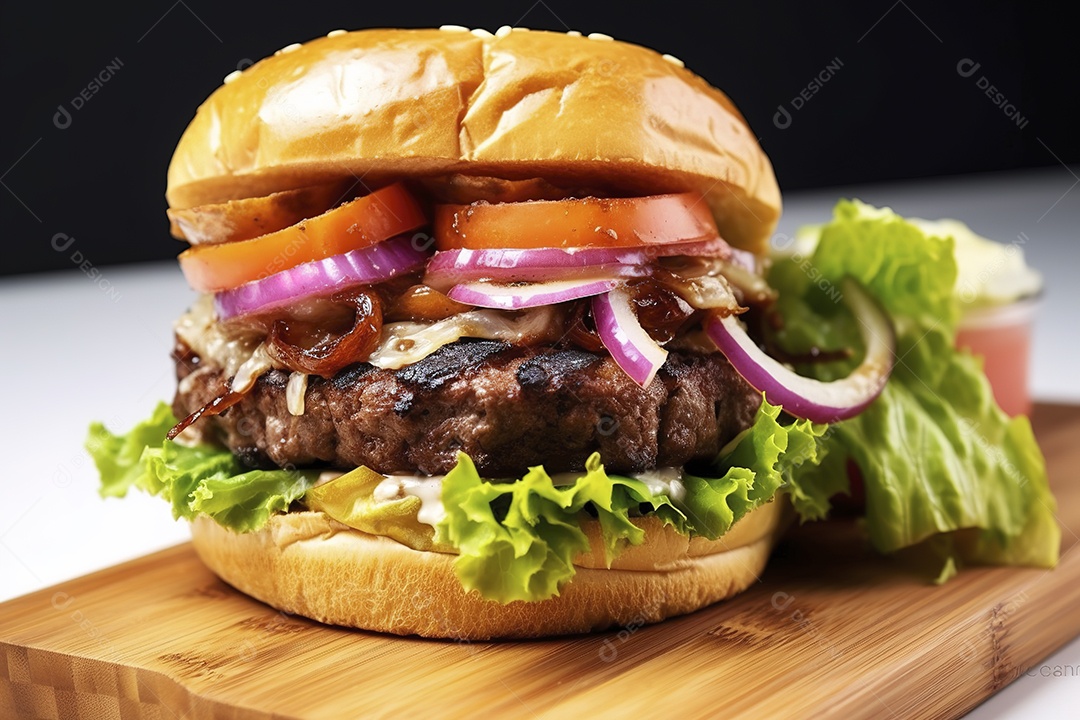 Hambúrguer saboroso de carne com queijo e salada