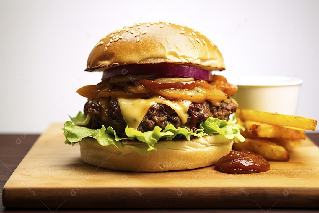 Hambúrguer saboroso de carne com queijo e salada