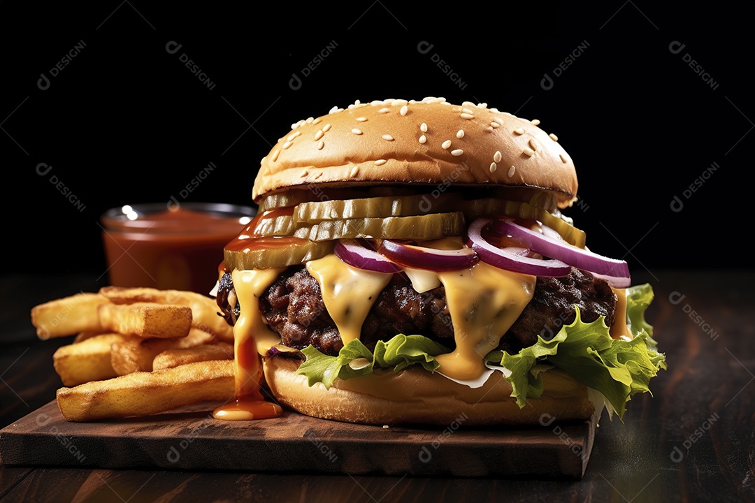 Hambúrguer saboroso de carne com queijo e salada