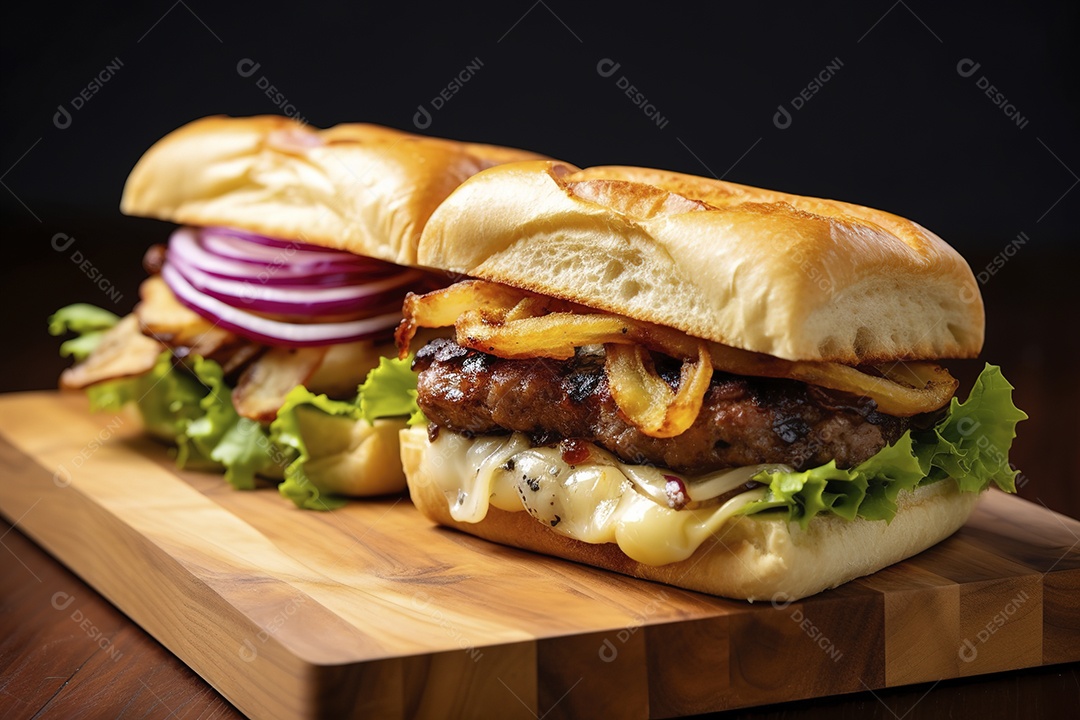Hambúrguer saboroso de carne com queijo e salada