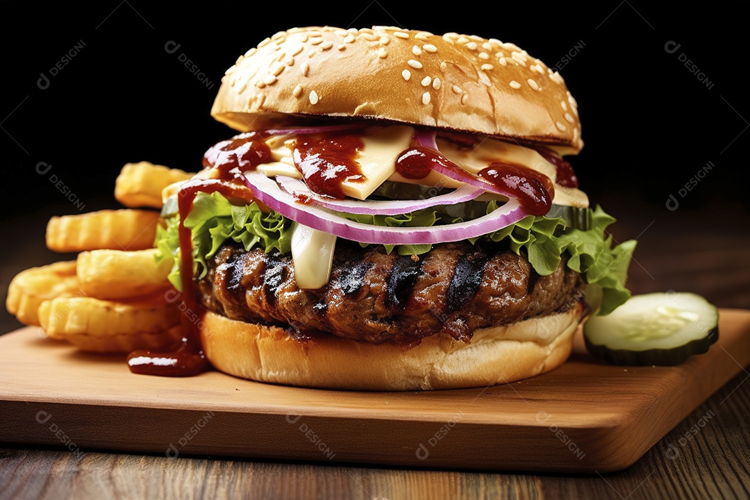 Hambúrguer saboroso de carne com queijo e salada
