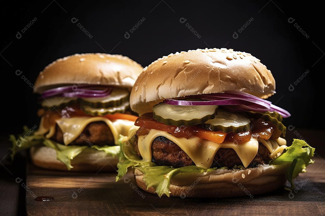 Hambúrguer saboroso de carne com queijo e salada