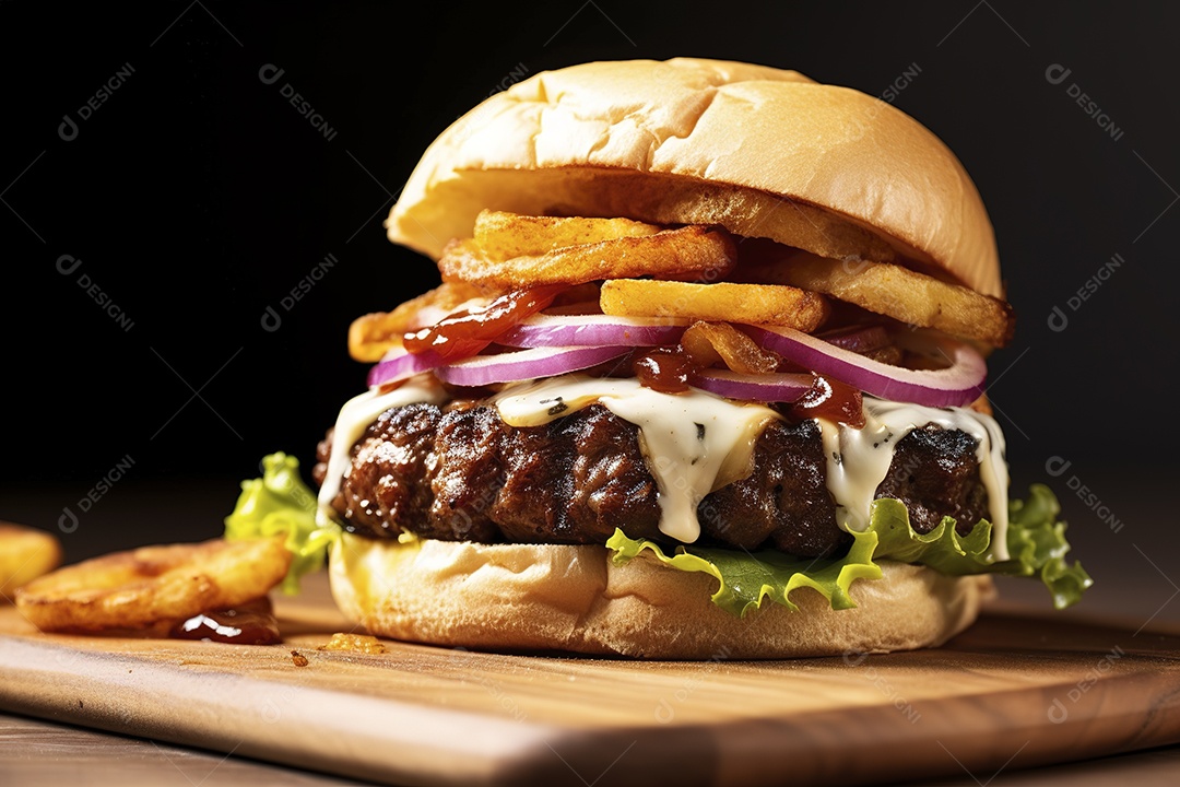 Hambúrguer saboroso de carne com queijo e salada