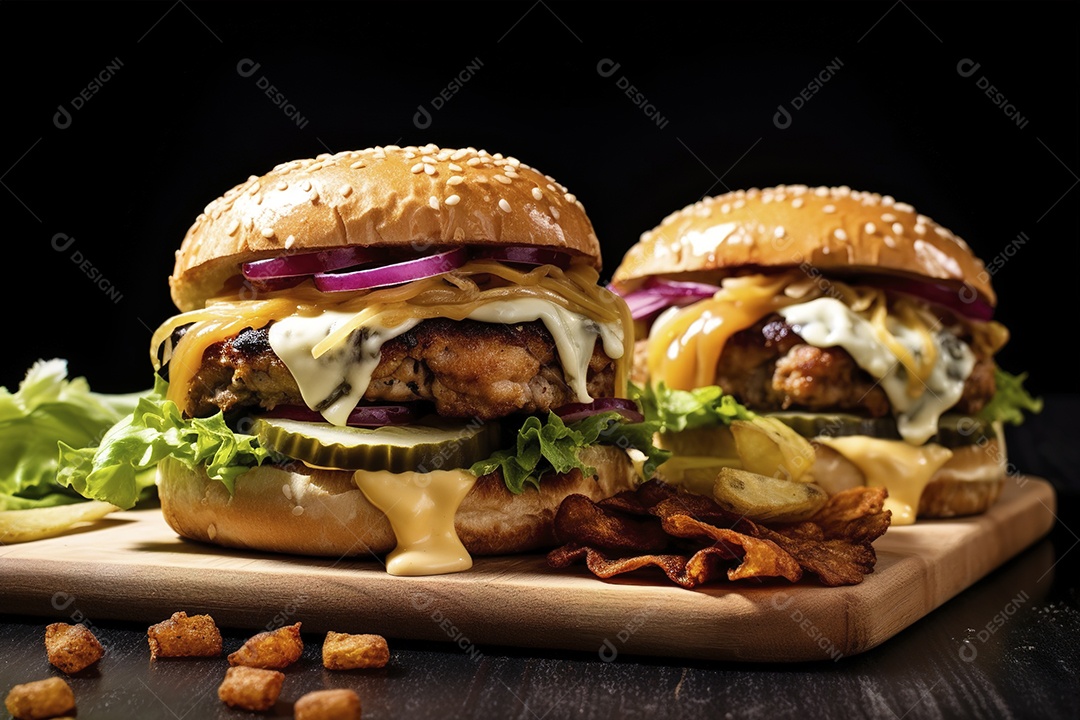 Hambúrguer saboroso de carne com queijo e salada
