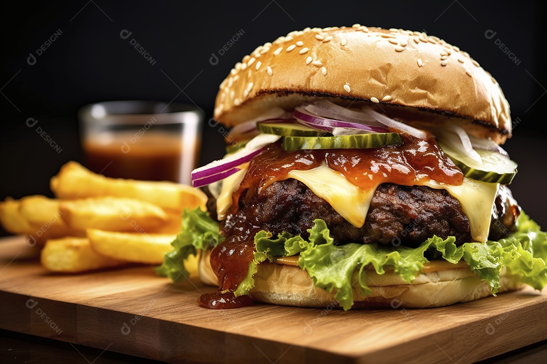 Hambúrguer saboroso de carne com queijo e salada