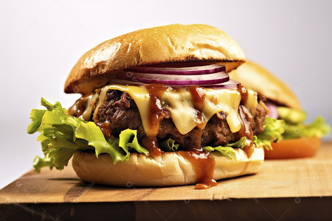 Hambúrguer saboroso de carne com queijo e salada