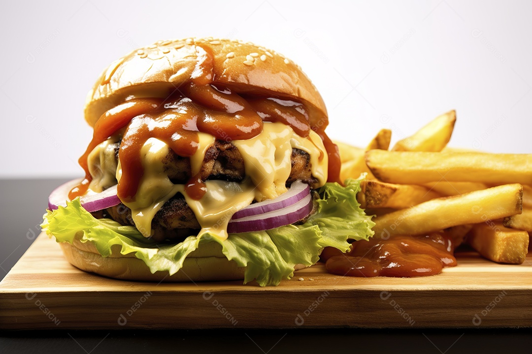 Hambúrguer saboroso de carne com queijo e salada