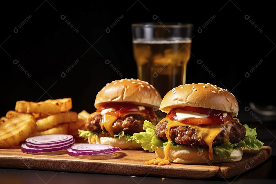 Hambúrguer saboroso de carne com queijo e salada