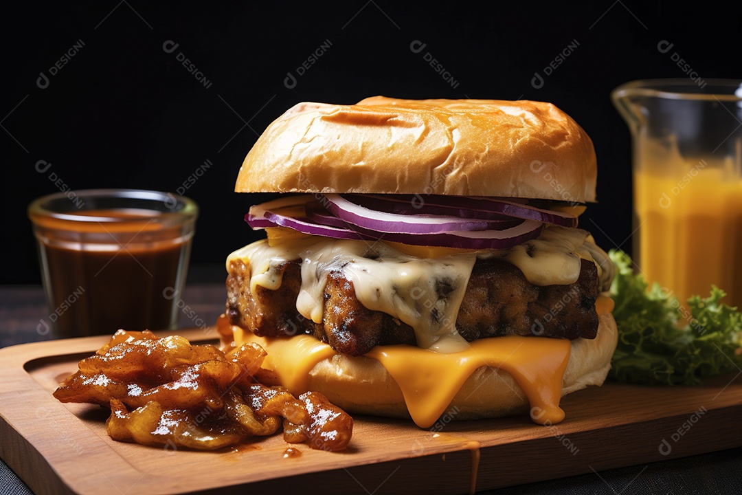 Hambúrguer saboroso de carne com queijo e salada