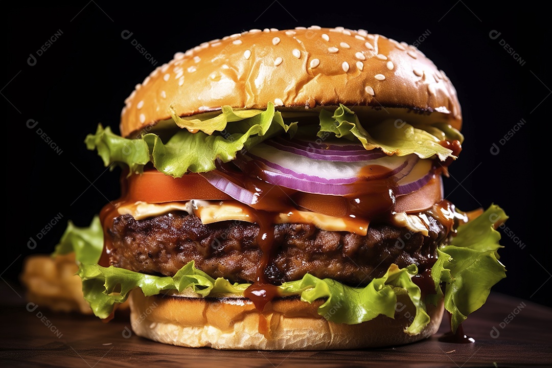 Hambúrguer saboroso de carne com queijo e salada