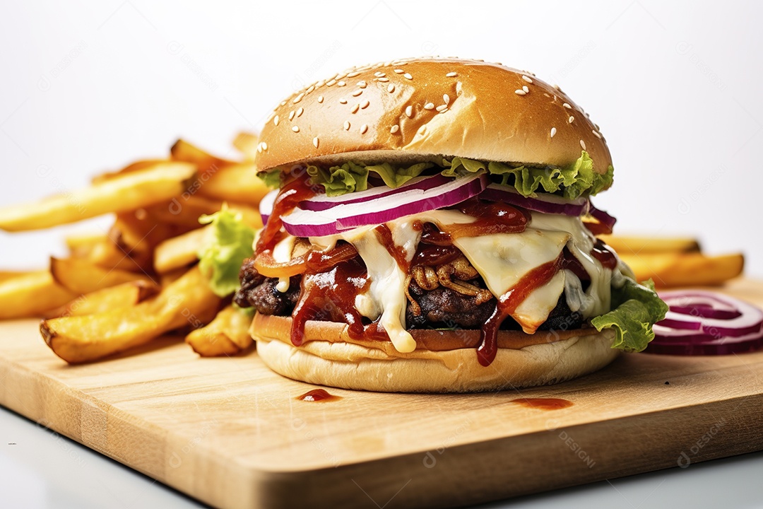 Hambúrguer saboroso de carne com queijo e salada