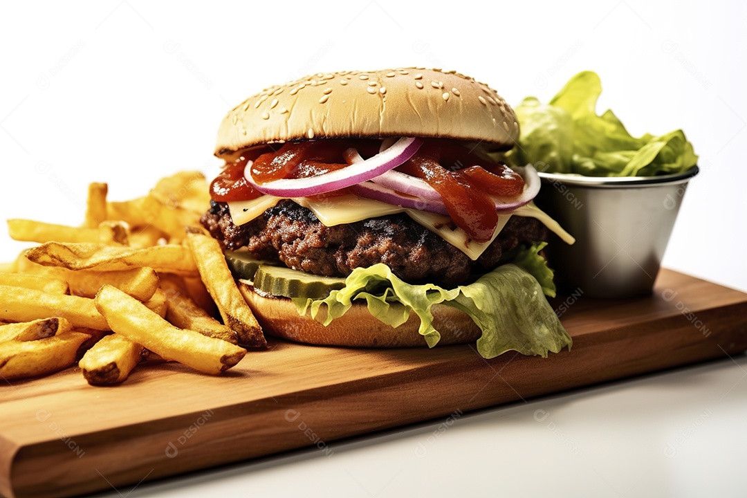 Hambúrguer saboroso de carne com queijo e salada