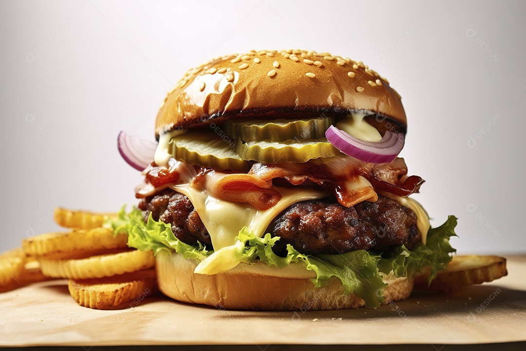 Hambúrguer saboroso de carne com queijo e salada