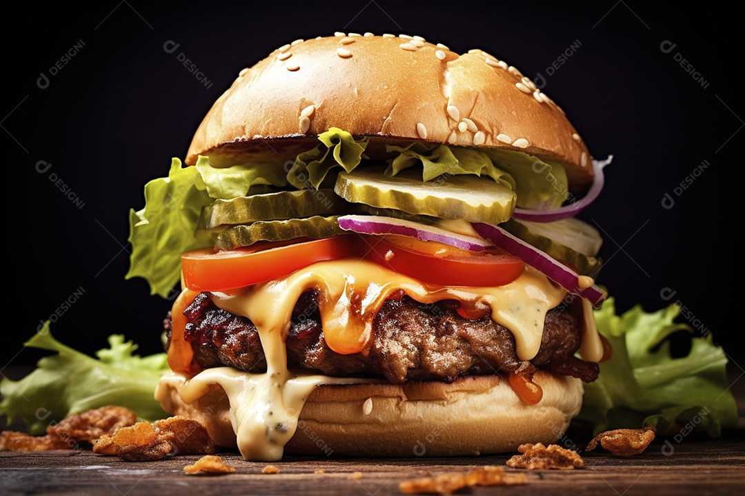 Hambúrguer saboroso de carne com queijo e salada