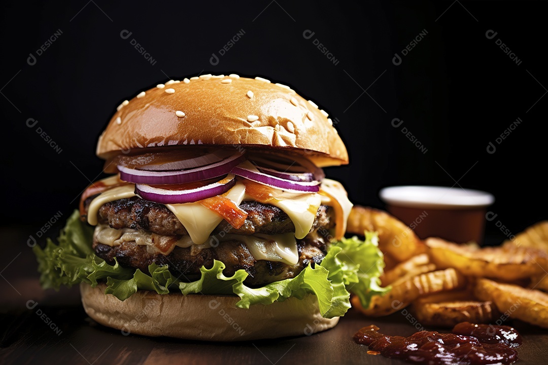 Hambúrguer saboroso de carne com queijo e salada