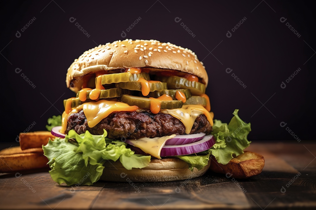 Hambúrguer saboroso de carne com queijo e salada