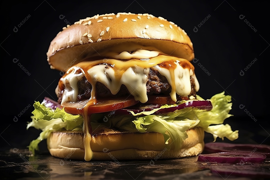 Hambúrguer saboroso de carne com queijo e salada