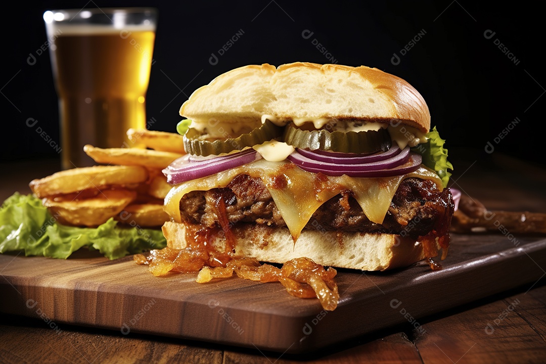 Hambúrguer saboroso de carne com queijo e salada