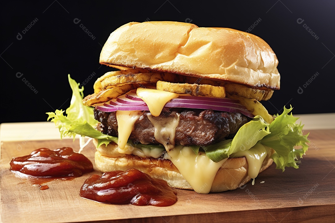 Hambúrguer saboroso de carne com queijo e salada