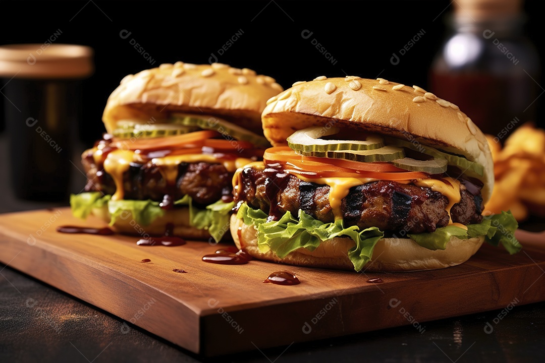 Hambúrguer saboroso de carne com queijo e salada