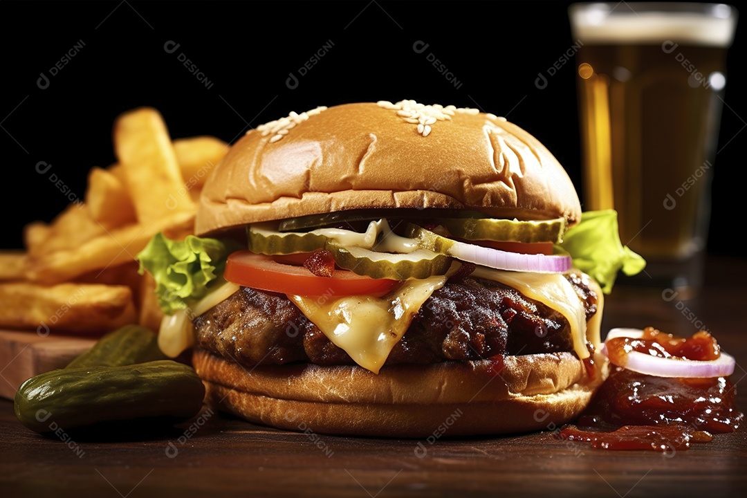 Hambúrguer saboroso de carne com queijo e salada