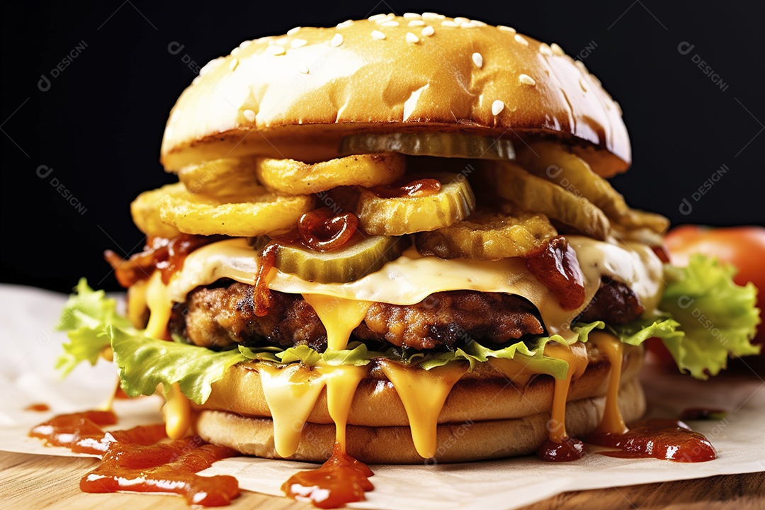 Hambúrguer saboroso de carne com queijo e salada